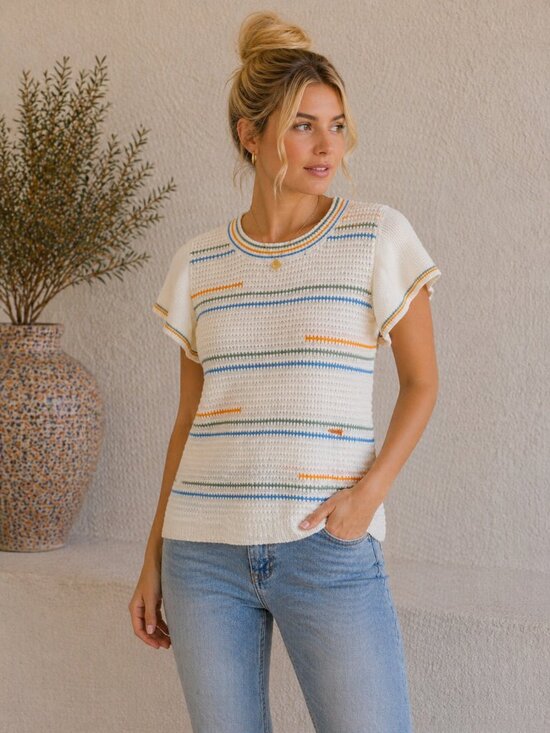 Democracy Tops - Democracy Rainbow Stripe Flutter Sleeve Knit Sweater Top Size Large